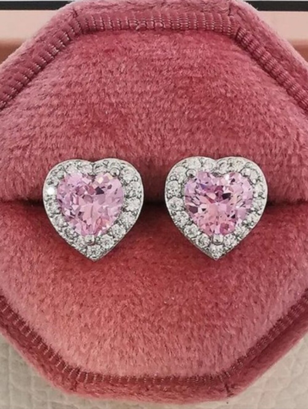 NEW! 14K White Gold Sterling Silver Heart Pink Sapphire & Diamond Stud Earrings